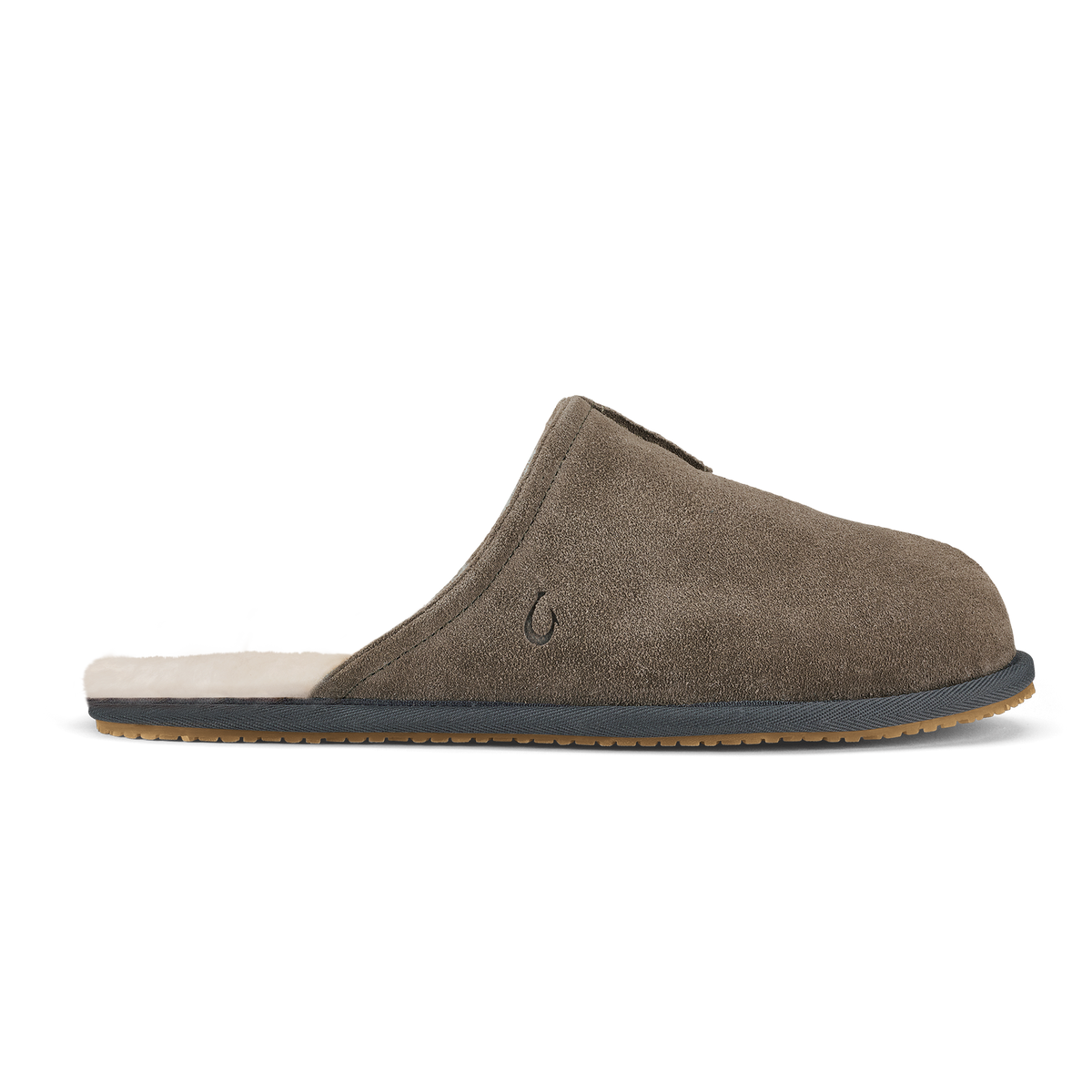 Walnut suede clog slipper with dark shadow trim, cream fleece lining, and textured rubber sole.