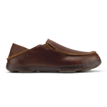 Dark brown leather slip-on loafer with tan accent stitching and cushioned sole.