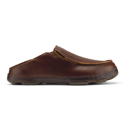 Brown leather slip-on slipper with toffee and dark java coloring, shown in profile view.
