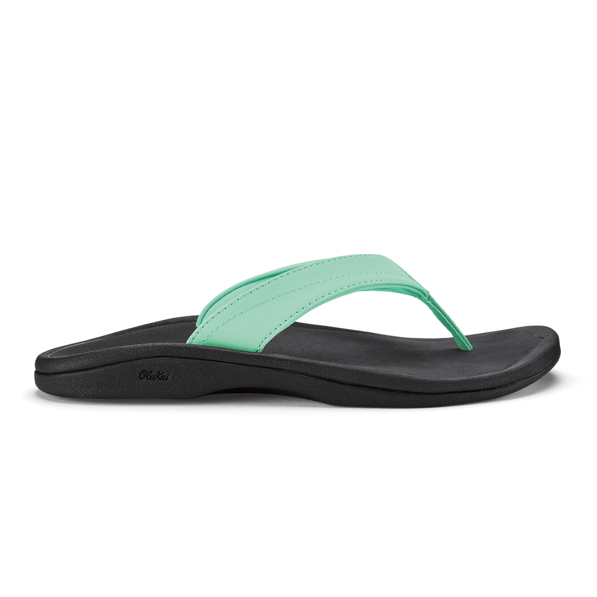 Black and mint green flip-flop sandal with curved sole and padded footbed.