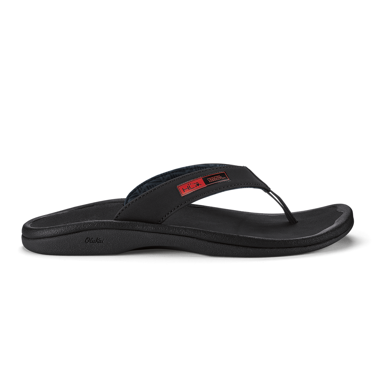 Black thong sandal with curved footbed and red HLA brand label on toe strap.