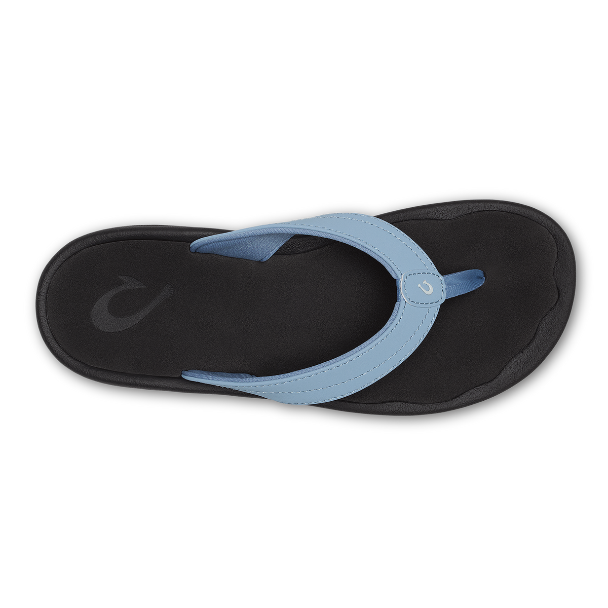 Light blue thong sandal with black sole and toe post, viewed from above.