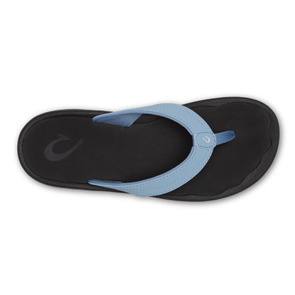 Light blue thong sandal with black sole and toe post, viewed from above.