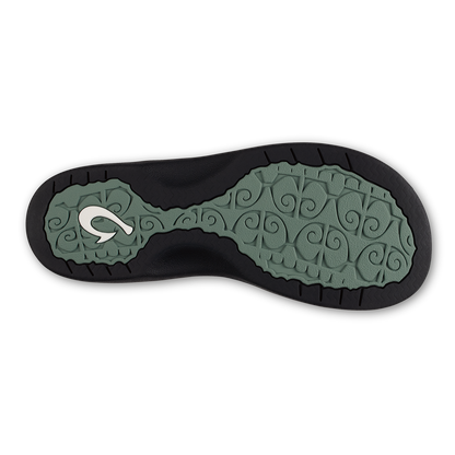 Shoe sole with sage green textured pattern and white logo on black rubber base.