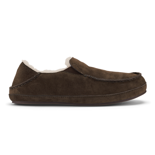Dark oak suede slipper with cream fleece lining and stitched moccasin sole.