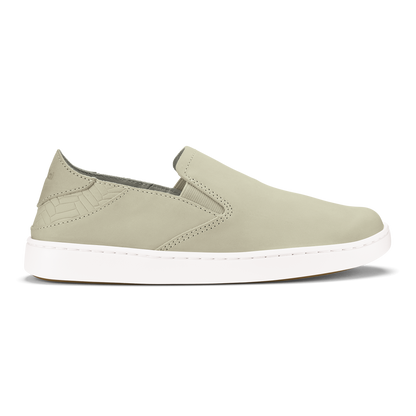 Ecru leather slip-on sneaker with white sole and perforated side panel detail.