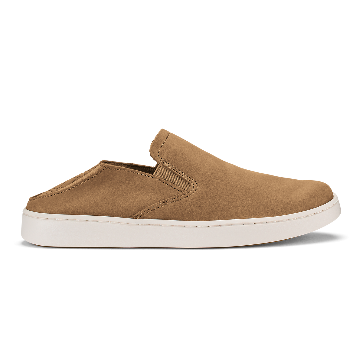 Tan leather slip-on shoe with white rubber sole and stitched detailing.