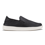 Black leather slip-on shoe with white sole, shown in profile view.