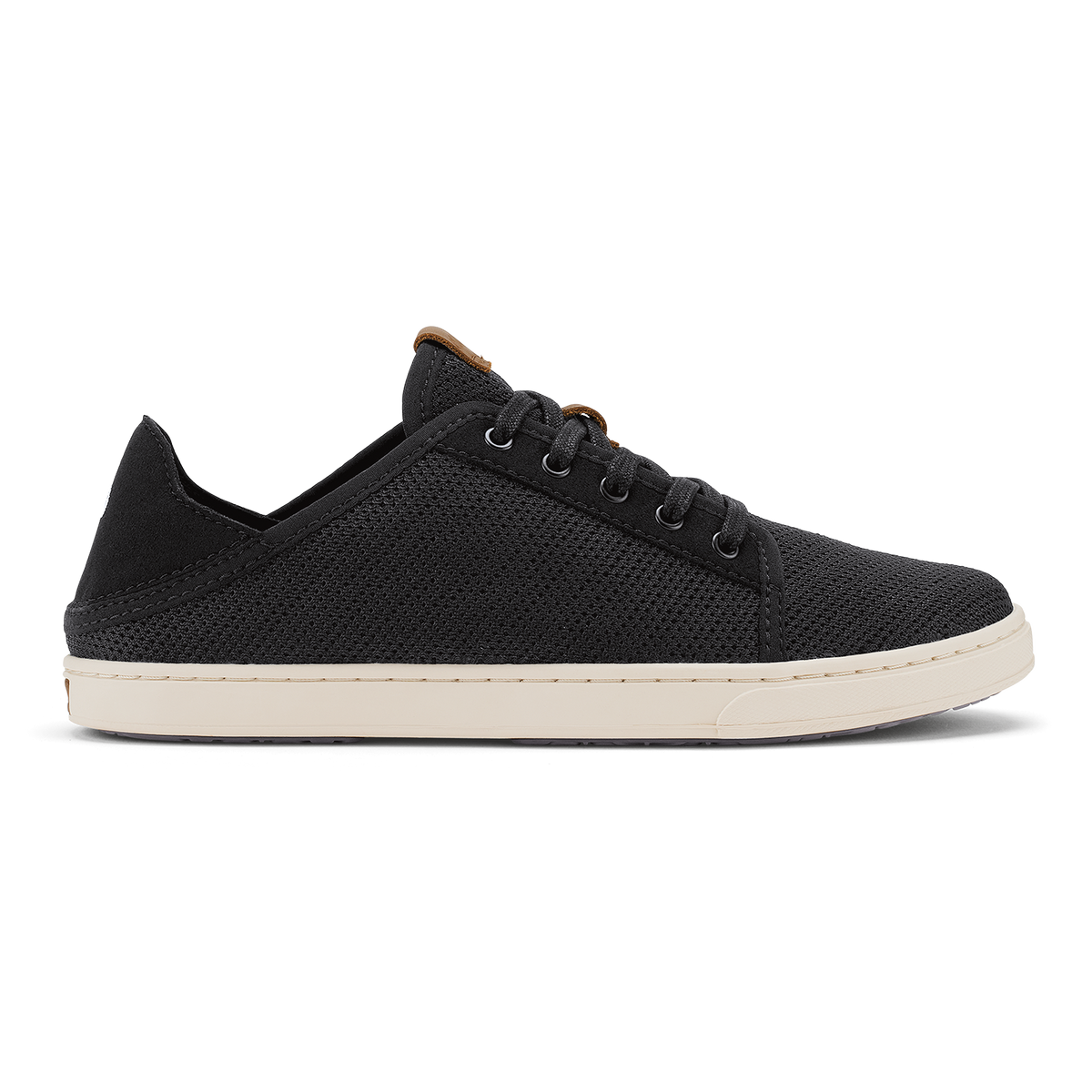 Black knit lace-up sneaker with cream sole and tan heel accent, shown in profile view.