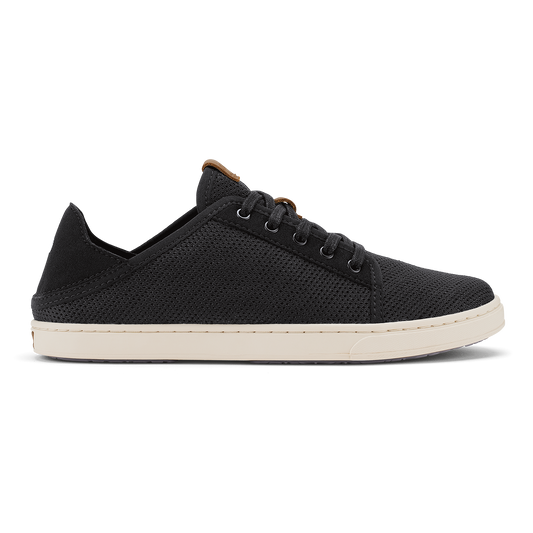 Black knit lace-up sneaker with cream sole and tan heel accent, shown in profile view.