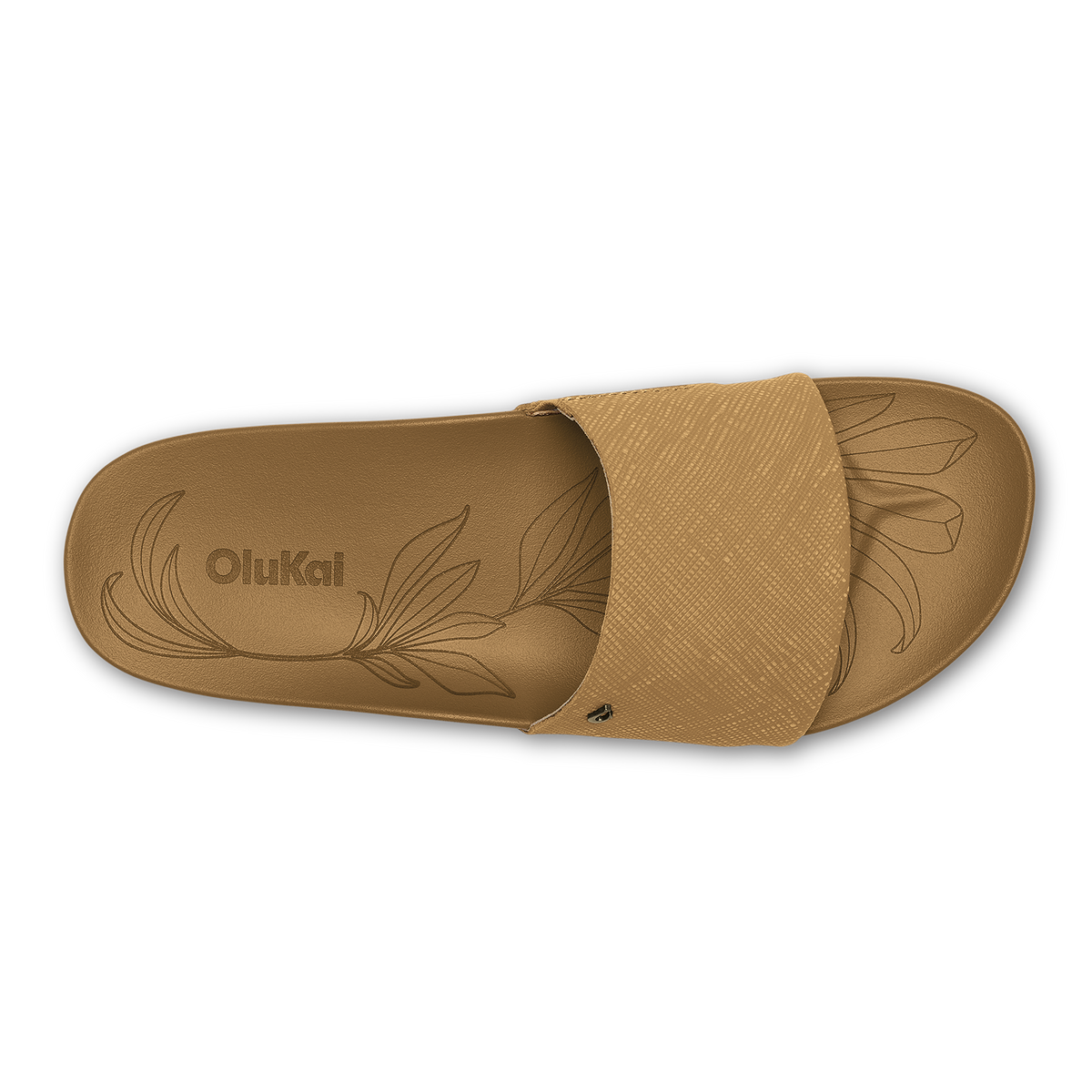 Tan slide sandal with crosshatch strap and leaf-embossed footbed in sahara colorway.