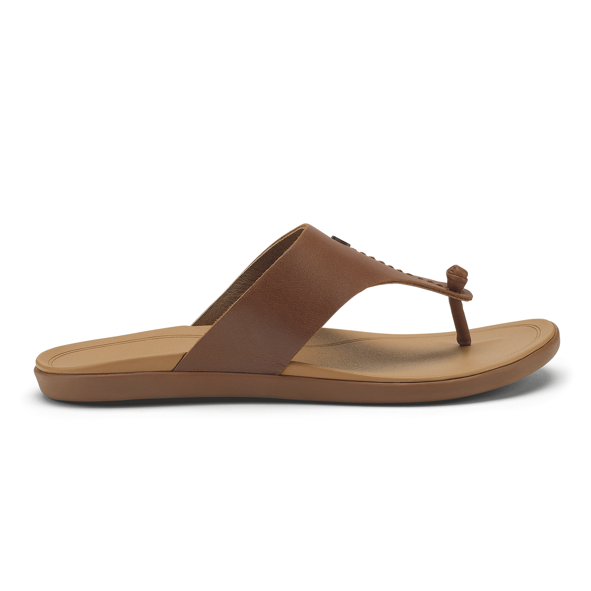 Brown and tan thong sandal with cushioned footbed and knot detail at toe.