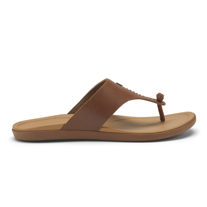 Brown and tan thong sandal with cushioned footbed and knot detail at toe.