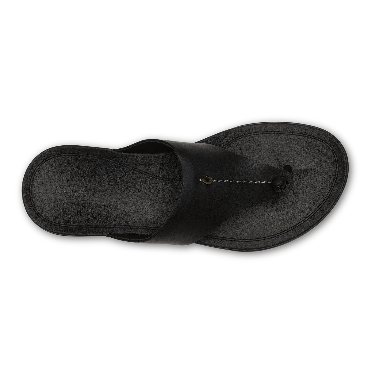 Black thong sandal with curved footbed and chain detail strap across top.