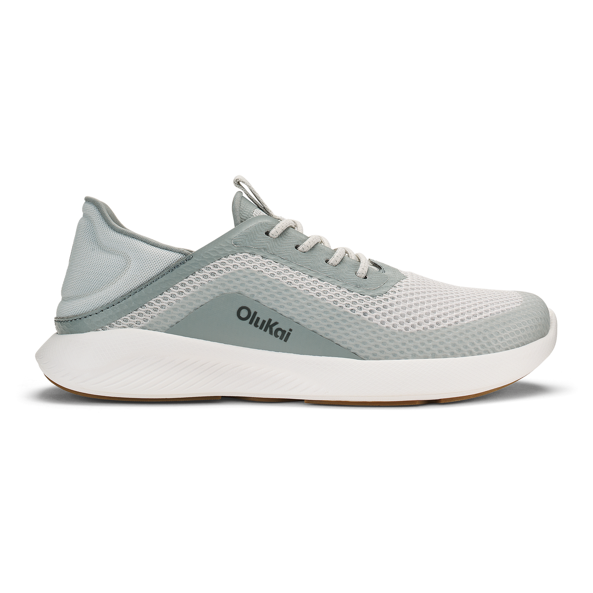 Olukai Kialoa running shoe in sterling gray and white with mesh upper and white cushioned sole.