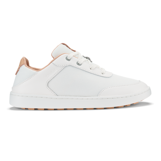 White lace-up sneaker with cantalope-colored heel tab and sole trim.