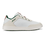 White lace-up sneaker with mesh and leather paneling, green and brown heel accents, and white sole.