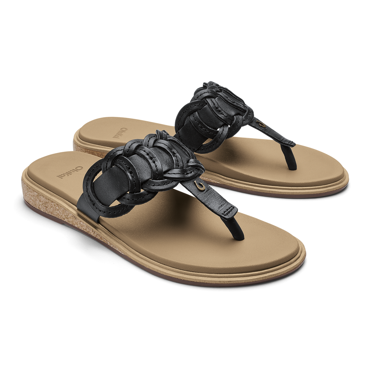 Black thong sandals with ruched leather straps and warm sand-colored footbeds, shown in two angles.