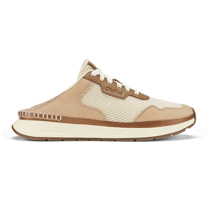 Koke mule-style sneaker in white sand and tan with mesh panel, white laces, and cream sole.