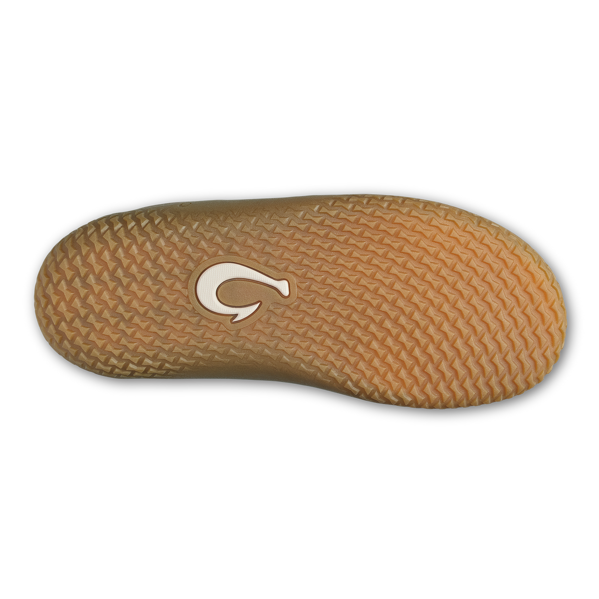 Tan slip-on sole with textured tread pattern and white logo accent.
