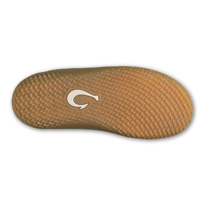 Tan slip-on sole with textured tread pattern and white logo accent.