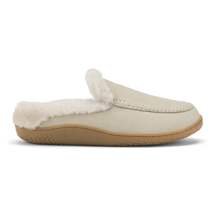 Ecru suede loafer slipper with fleece lining and tan rubber sole, shown in profile view.