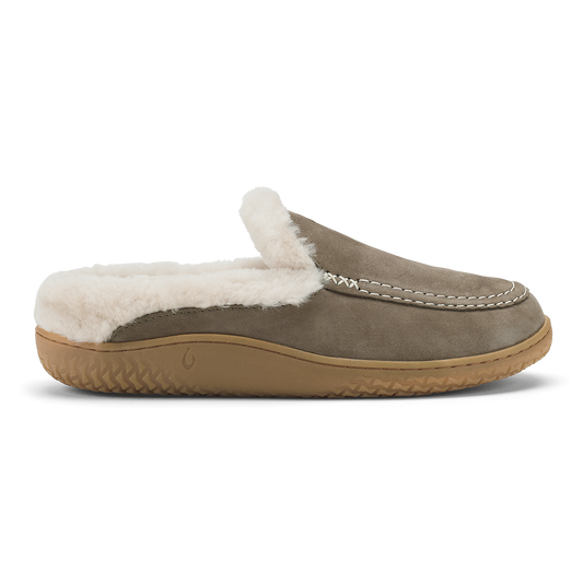 Walnut suede mule slipper with cream fleece lining and tan rubber sole, shown in profile view.