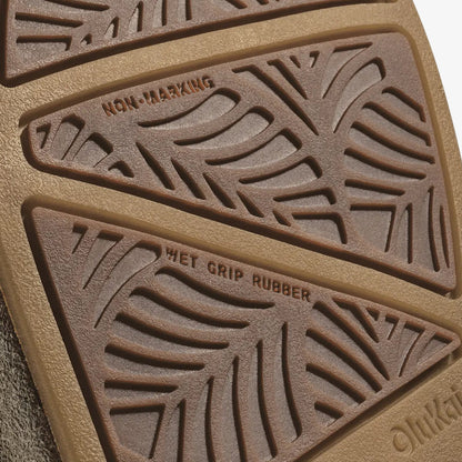 Close-up of sole showing walnut and dark java colored rubber with geometric tread pattern and text details.