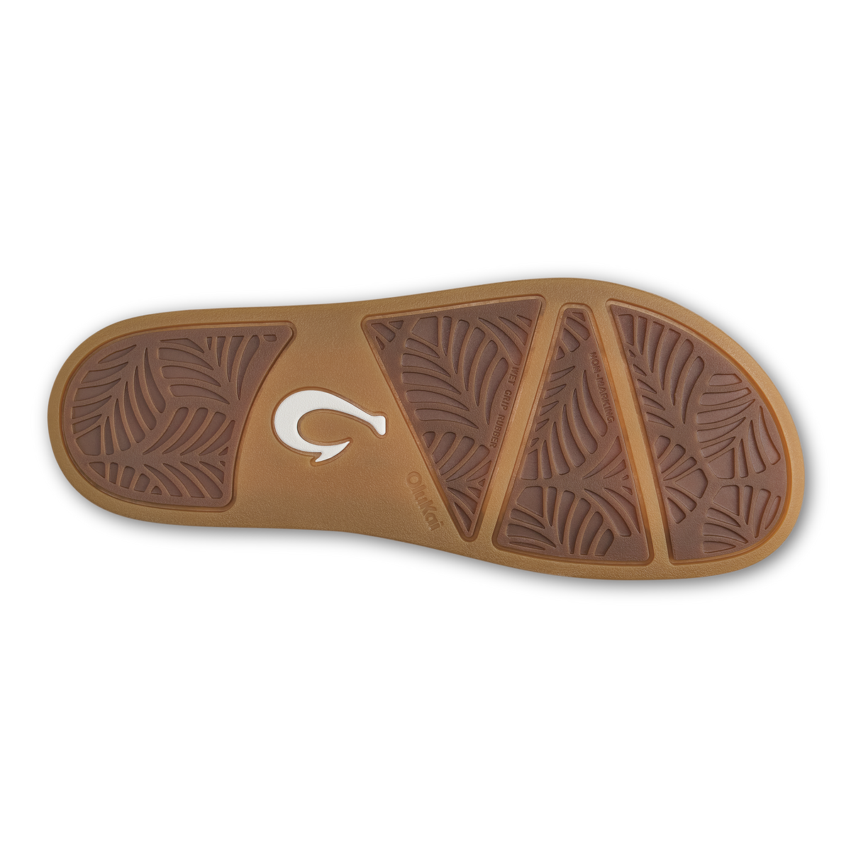 Tan sandal sole with leaf-pattern tread sections and white logo detail on center strap.