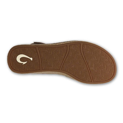 Tan leather sandal sole with textured brown rubber outsole and curved arch support.