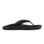 Black thong sandal with curved sole and thin strap across foot.