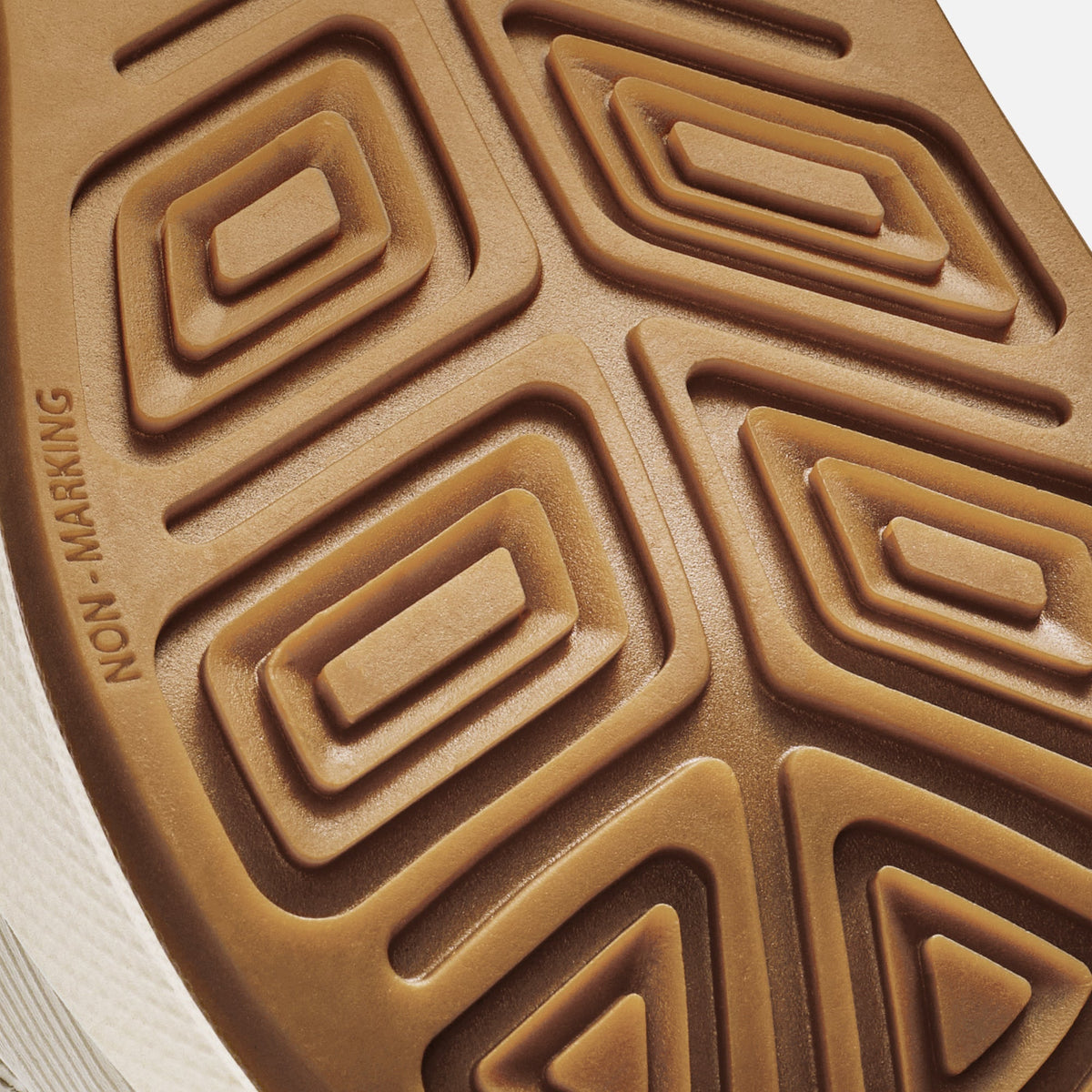 Tan rubber sole with geometric nested rectangle pattern and "KOON MARKING" text embossed on edge.