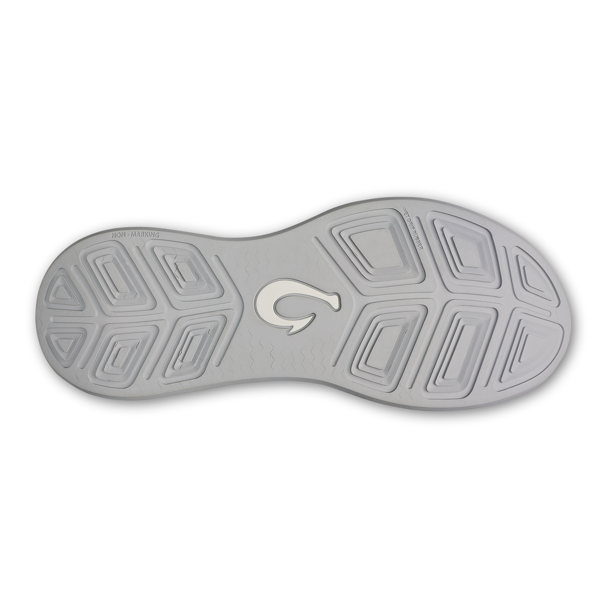 Grey and white athletic shoe sole with geometric tread pattern and centered logo.