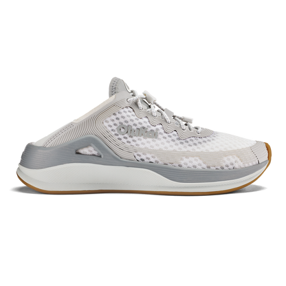 White and gray running shoe with mesh upper, white midsole, and gum rubber outsole, shown in profile view.