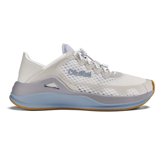 White mesh and synthetic running shoe with light blue and grey accents and gum sole, shown in side profile.
