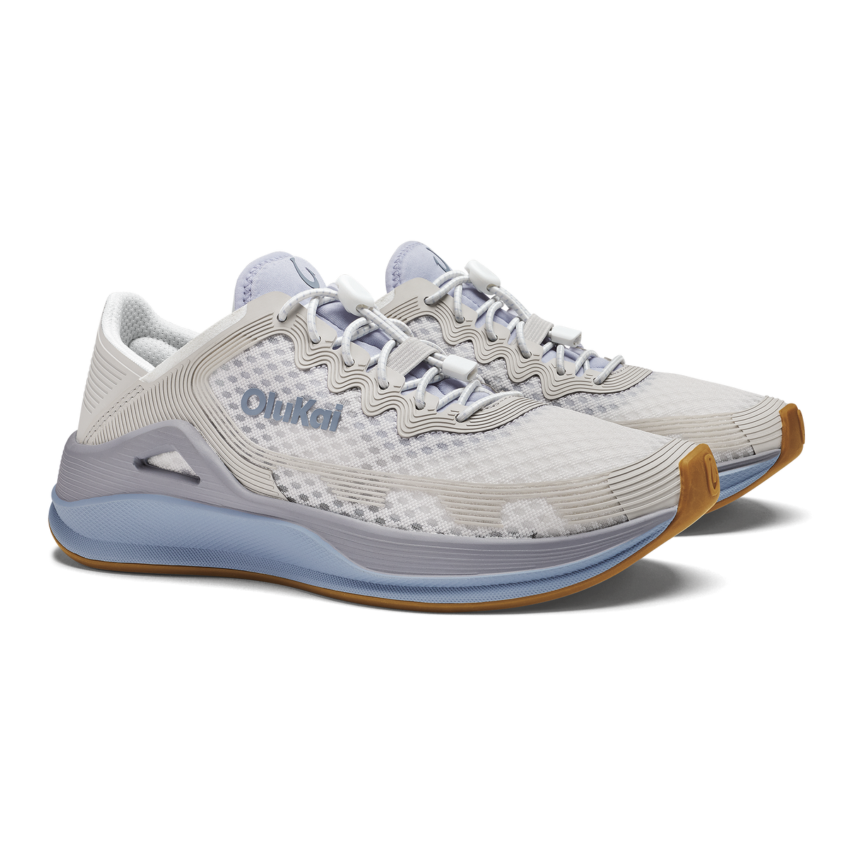 White and light blue running shoe with tan heel accent and blue branding on the side.