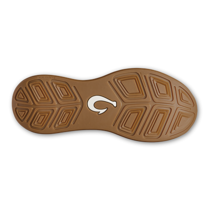 Tan rubber sole with geometric tread pattern and white curved logo in center.