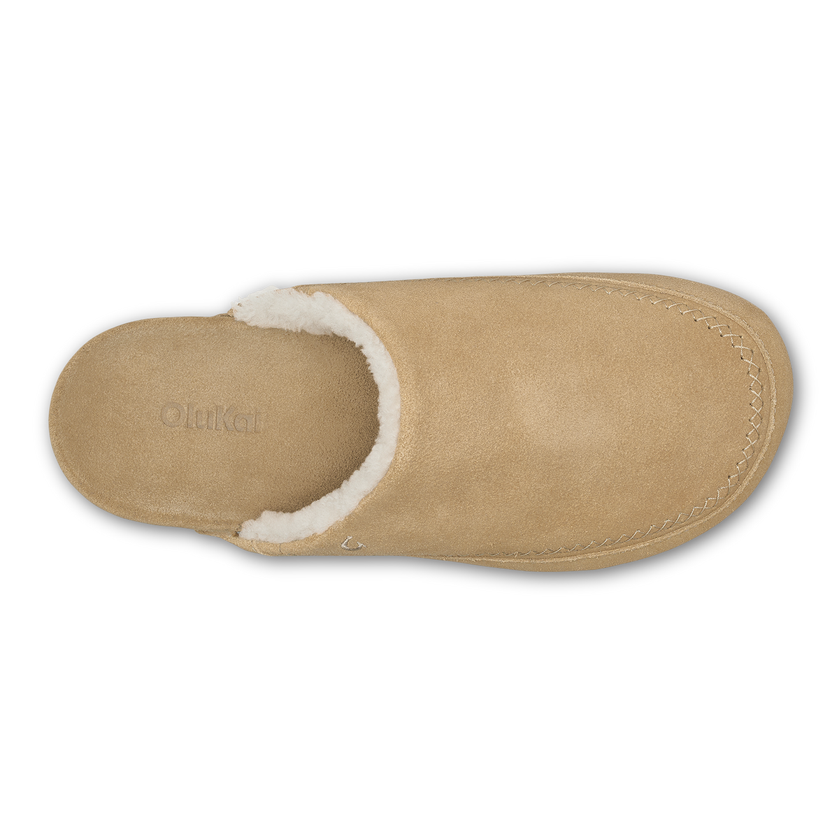 Tan suede slipper with white fleece lining, shown from above.