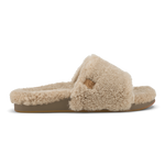 Tan fleece slide slipper with textured upper and tan sole, shown in profile view.
