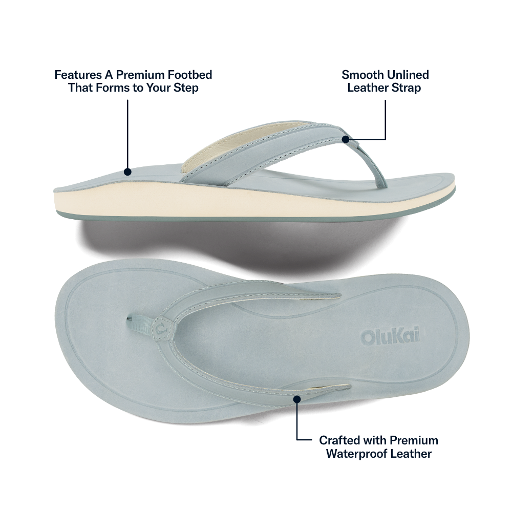 Blue-grey thong sandal with contoured footbed and smooth leather strap, shown from side and sole views.