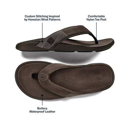 Dark brown flip-flop sandal with woven strap and nylon toe post, shown from side and bottom views.